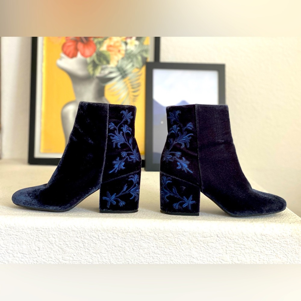 Kenneth Cole blue velvety floral boots.